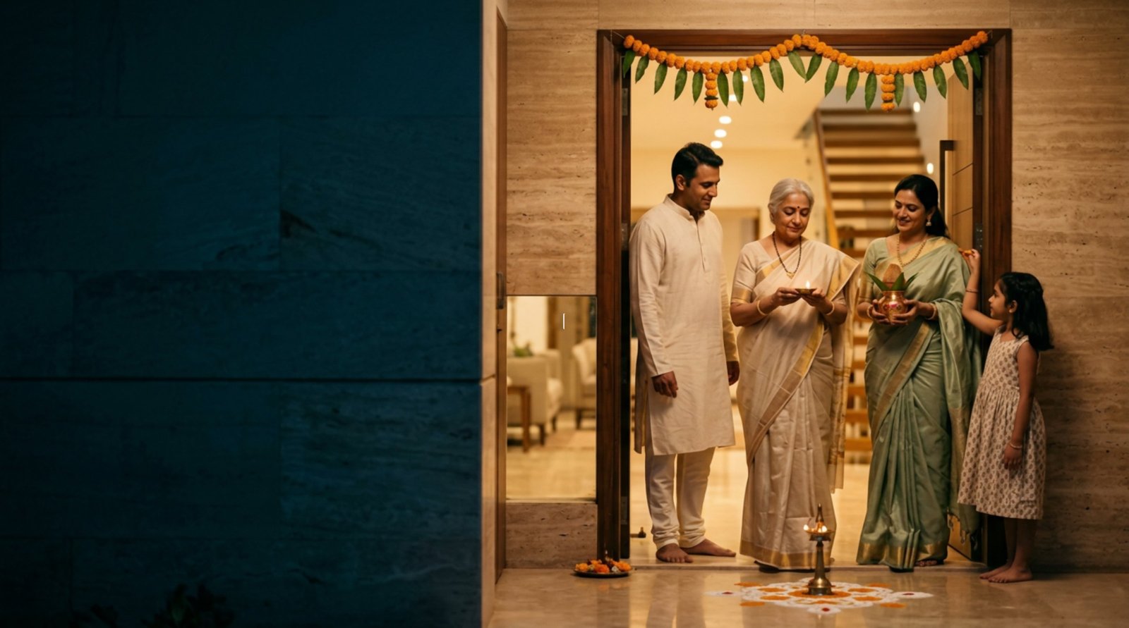 Three generations of a family celebrate griha pravesh at the doorway of their new home, the grandmother holding a lit diya