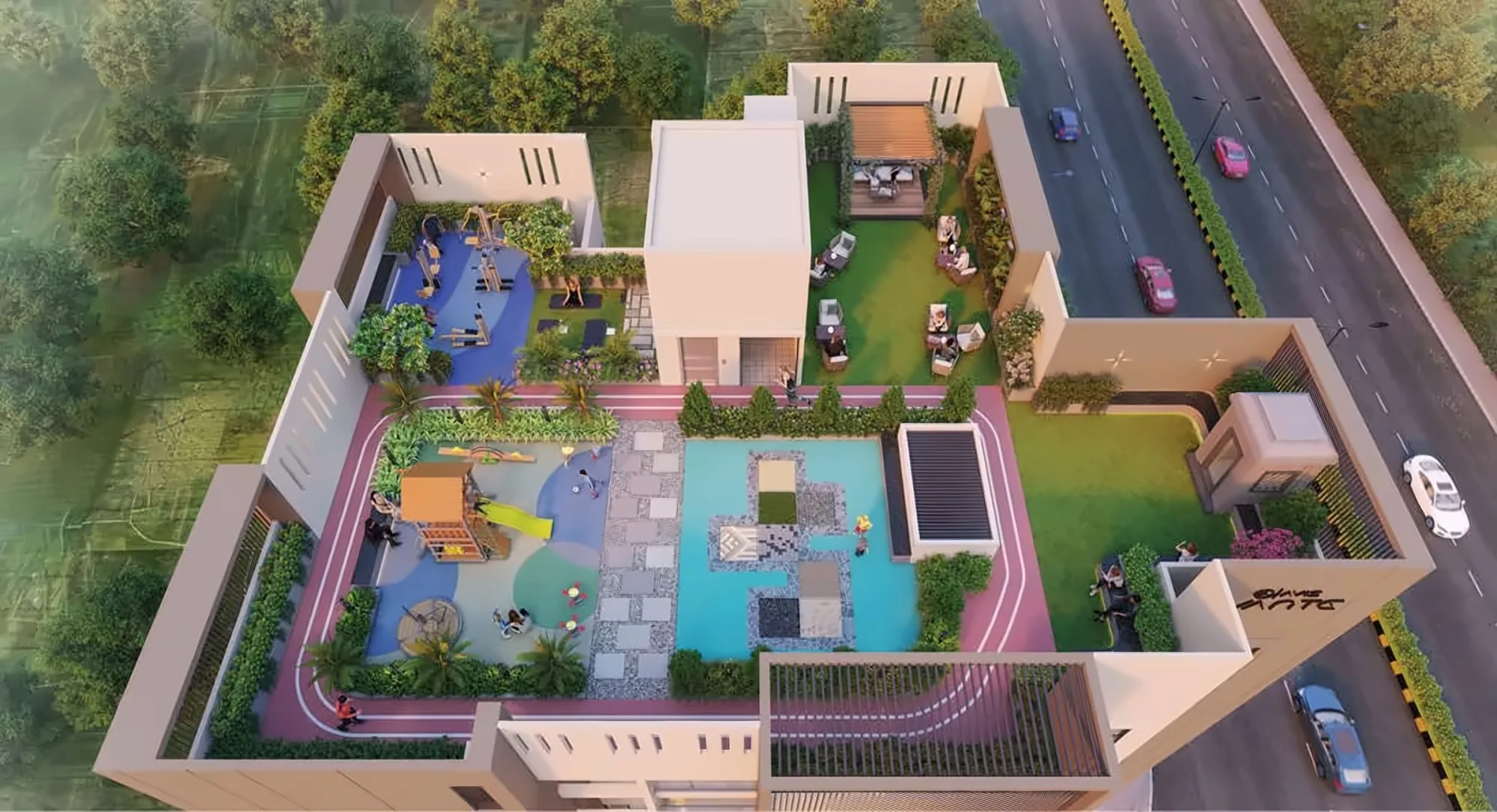 Kids play area, jogging track and terrace garden — aerial view